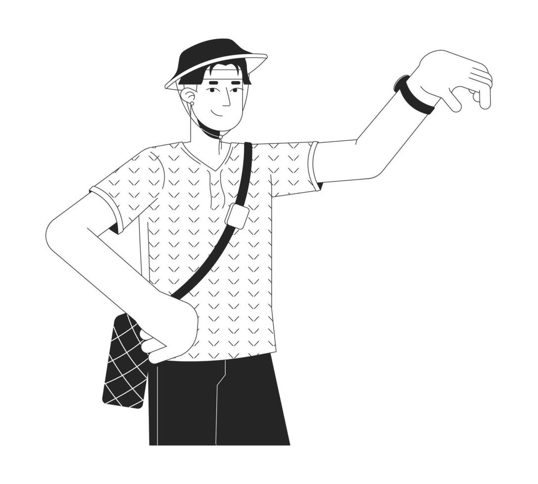 turista asiático masculino reloj de pulsera comprobación negro y blanco 2d línea dibujos animados personaje. coreano chico viajero aislado vector contorno persona. reloj de pulsera hora fiesta fabricante monocromo plano Mancha ilustración