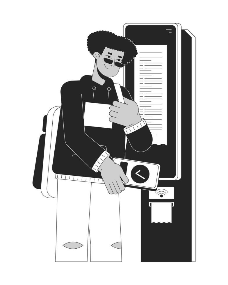 Hispanic guy paying for ticket with NFC black and white 2D line cartoon character. Latin american student isolated vector outline person. Contactless payment monochromatic flat spot illustration