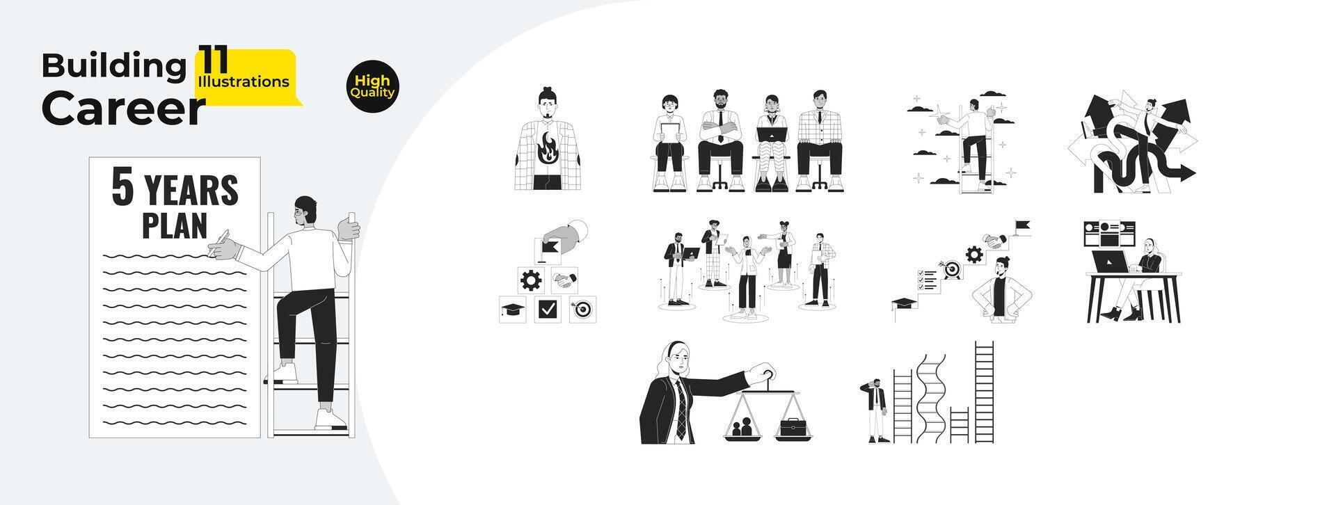 Career building black and white 2D illustrations concepts bundle. Job candidates diverse cartoon outline characters isolated on white. Burnout, achievements metaphors monochrome vector art collection