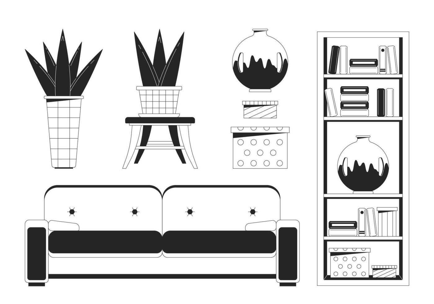 Living room furnishing black and white 2D line cartoon objects set. Home interior isolated line vector elements white background. Minimalist furniture monochromatic flat spot illustration collection