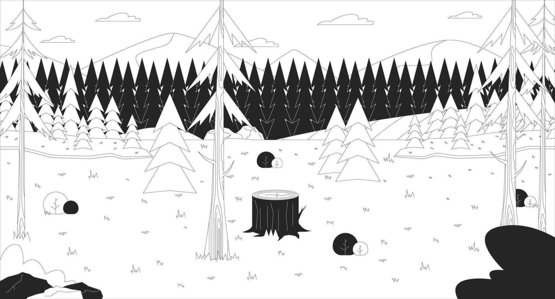 Glade forest pines black and white line illustration. Stump of tree woodland spruces 2D scenery monochrome background. Summer landscaping spring season. Grass woods outline scene vector image