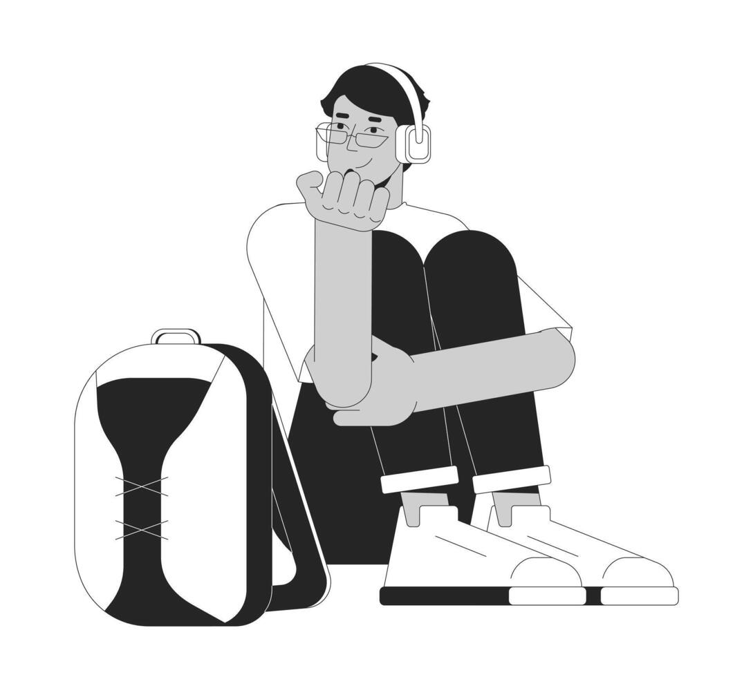 medio oriental chico auriculares sentado con mochila negro y blanco 2d línea dibujos animados personaje. escuchando a música estudiante aislado vector contorno persona. introvertido monocromo plano Mancha ilustración