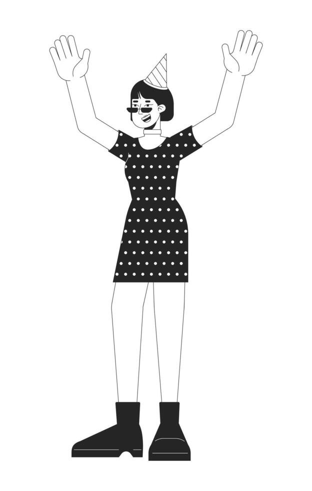 Happy Asian woman at party black and white 2D line cartoon character. Female with cone hat raising up hands isolated vector outline person. Holiday celebration monochromatic flat spot illustration