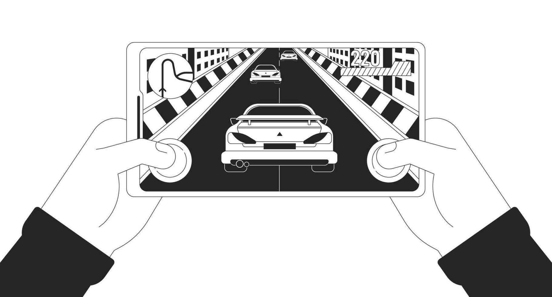 Gamer enjoying online car racing cartoon human hands outline illustration. Interesting mobile game 2D isolated black and white vector image. Gaming hobby flat monochromatic drawing clip art