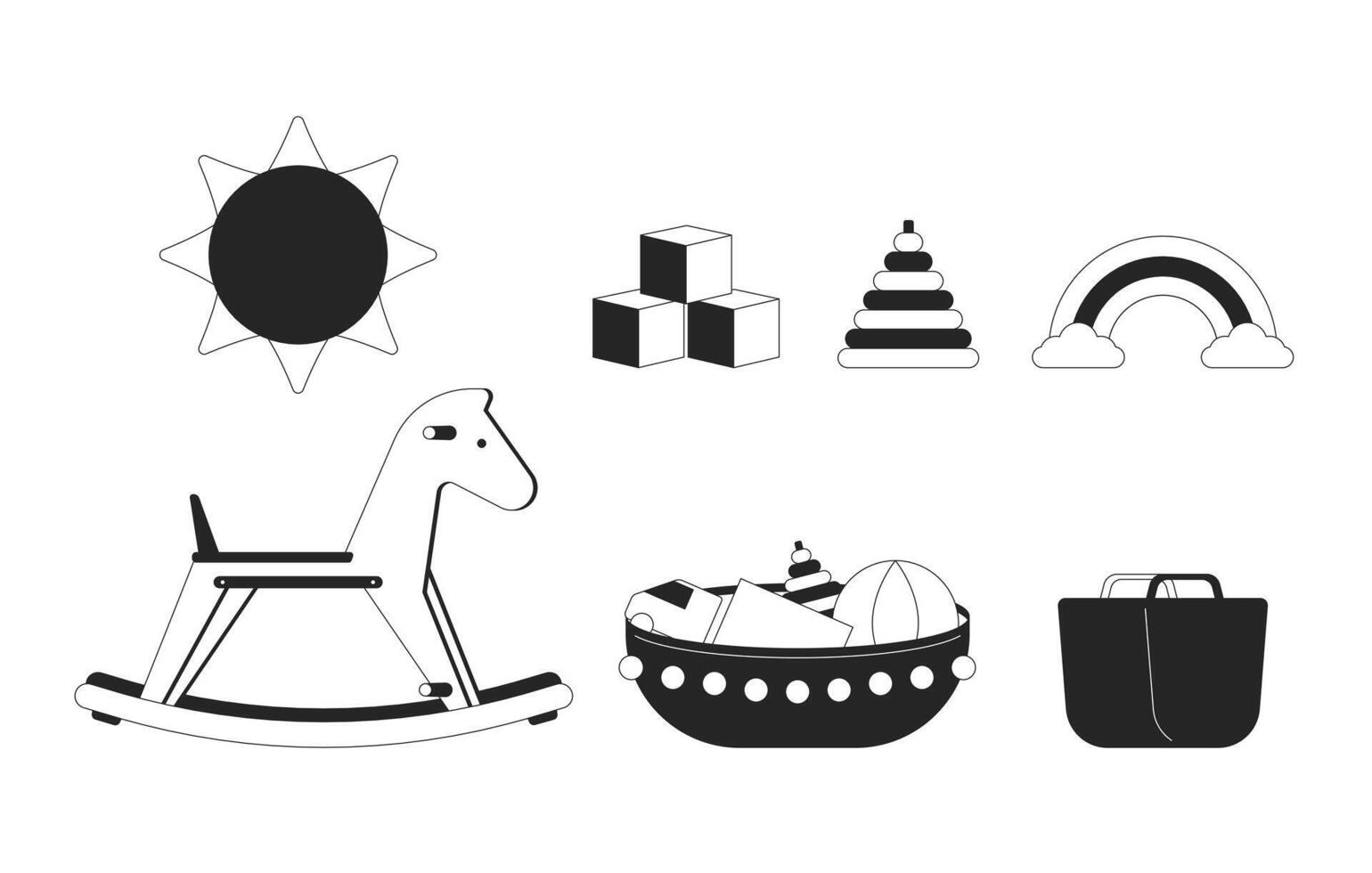 Childhood toys black and white 2D line cartoon objects set. Pyramid rings, rocking horse isolated vector outline items collection. Early development activity monochromatic flat spot illustrations