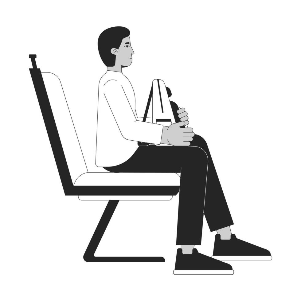 indio masculino viajero diario al trabajo en público transporte asiento negro y blanco 2d línea dibujos animados personaje. sur asiático hombre participación mochila aislado vector contorno persona. autobús paseo monocromo plano Mancha ilustración