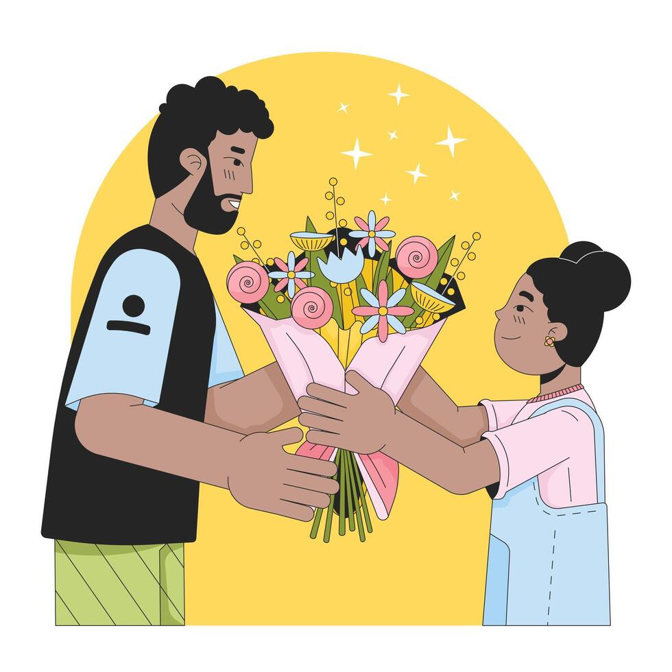 Arrangement flowers on father day line cartoon flat illustration. Father daughter african american 2D lineart characters isolated on white background. Daddy girl congrats scene vector color image