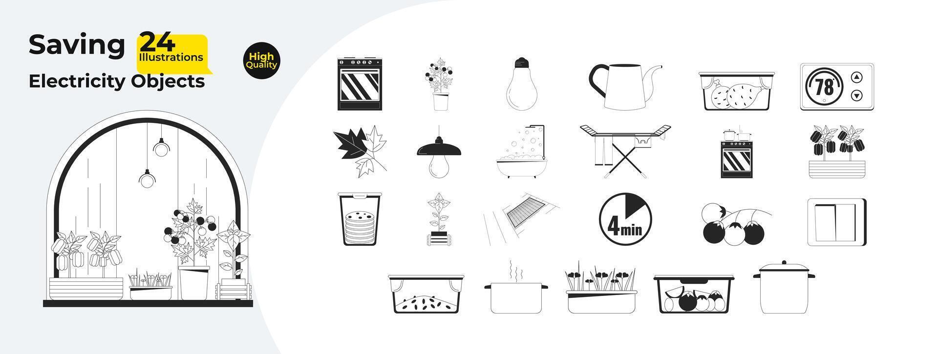 Conserving Energy At Household Monochrome Line Cartoon Objects Bundle vector