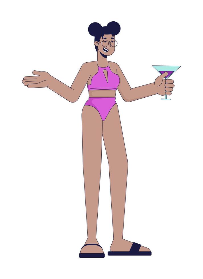 Black woman at pool party 2D linear cartoon character. African american female holding cocktail isolated line vector person white background. Summertime hangout color flat spot illustration