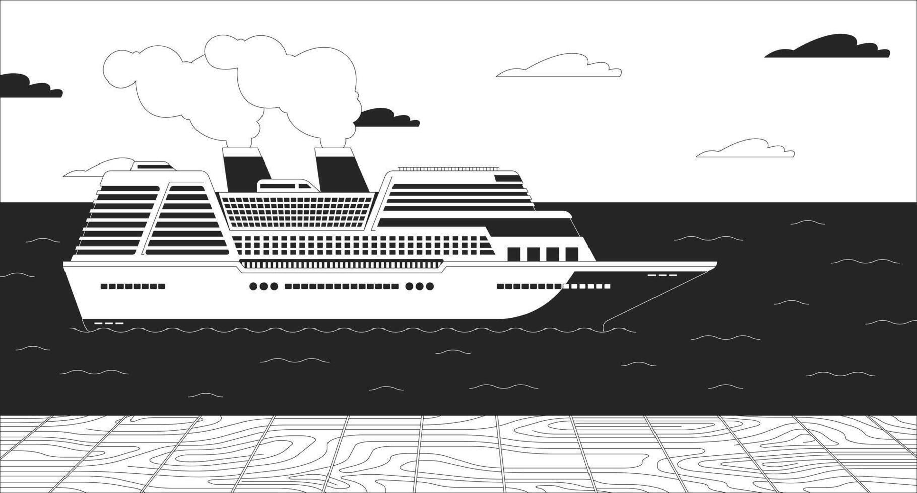 Cruise ship pier black and white line illustration. Harbor cruiseliner 2D scenery monochrome background. Luxury boat. Sea voyage. Ocean transport. Cruise ocean liner outline scene vector image