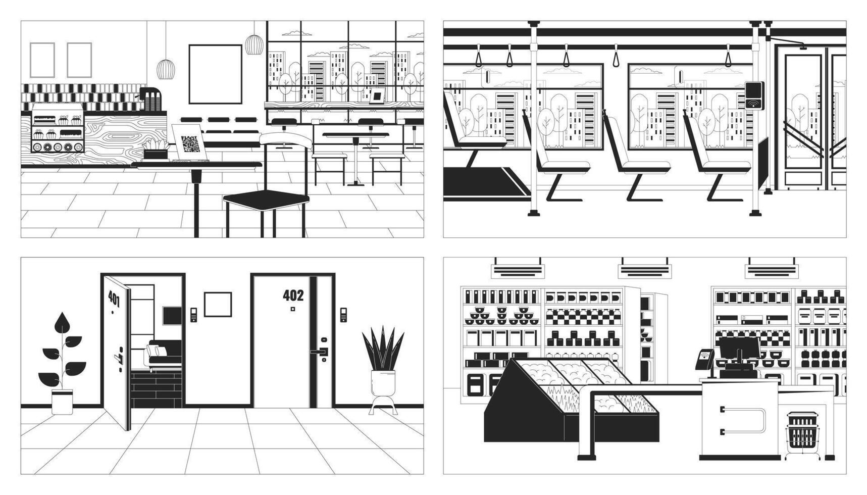 Public space interior black and white line illustration set. Coffee shop, checkout supermarket 2D interiors monochrome backgrounds collection. Hallway doors, bus seats outline scenes vector images