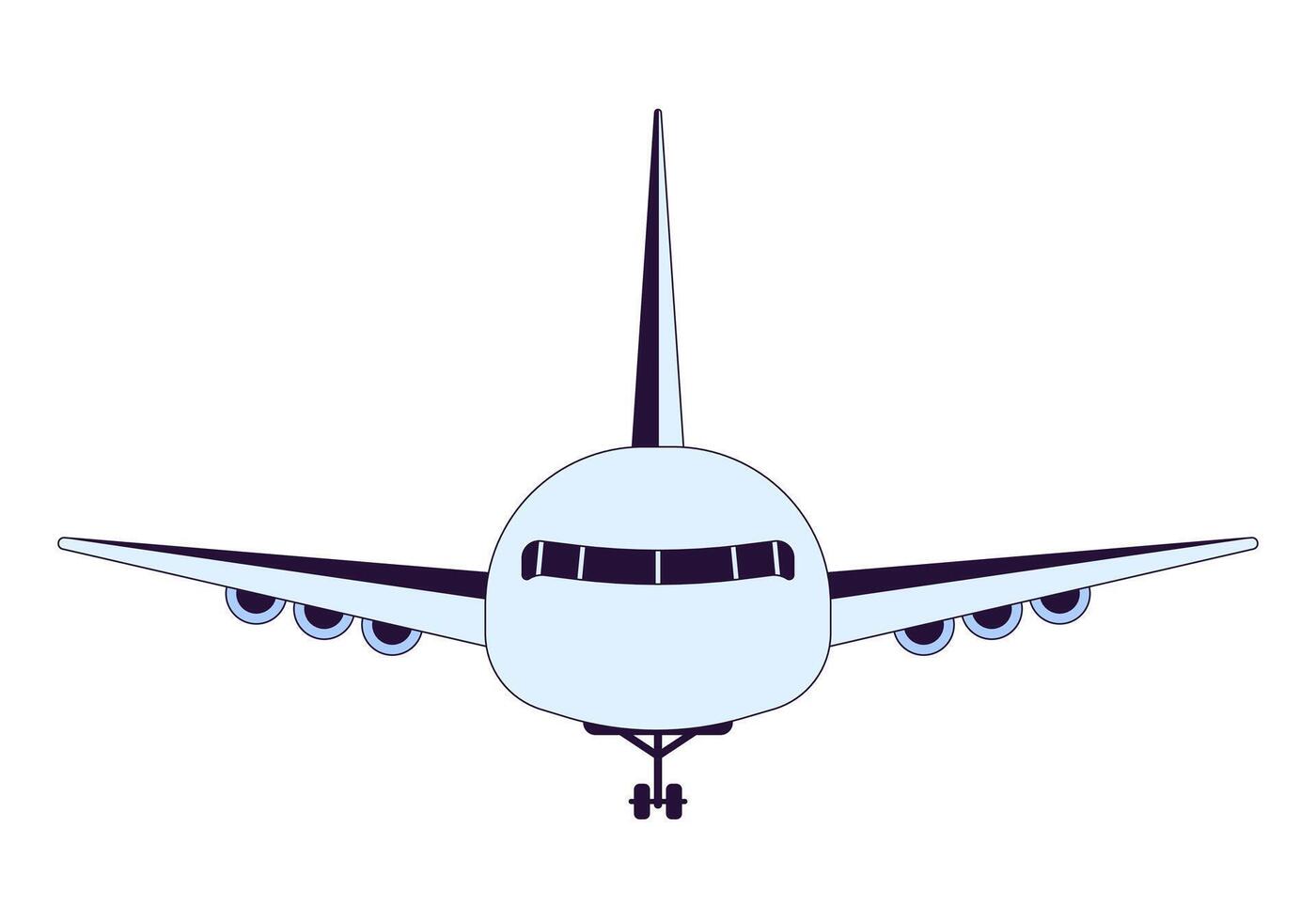 Airplane front view 2D linear cartoon object. Airport vehicle. Plane transport aviation isolated line vector element white background. Flying transportation airliner color flat spot illustration