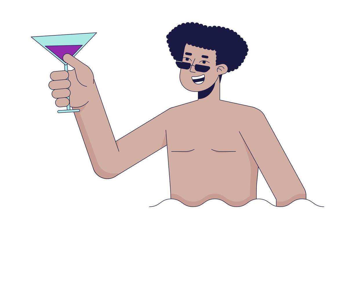 Man holding cocktail in pool 2D linear cartoon character. Hispanic male with glass in water isolated line vector person white background. Poolside party fun color flat spot illustration