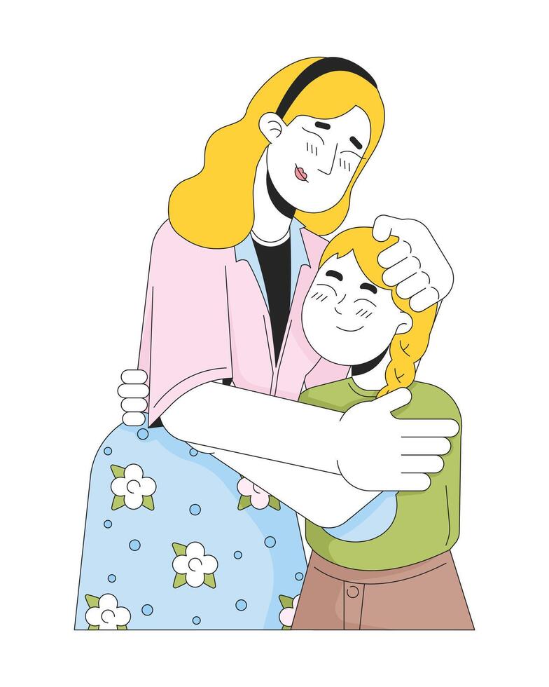 Single mother young girl embracing 2D linear cartoon characters. Caucasian mom little daughter hugs isolated line vector people white background. Comforting caring color flat spot illustration
