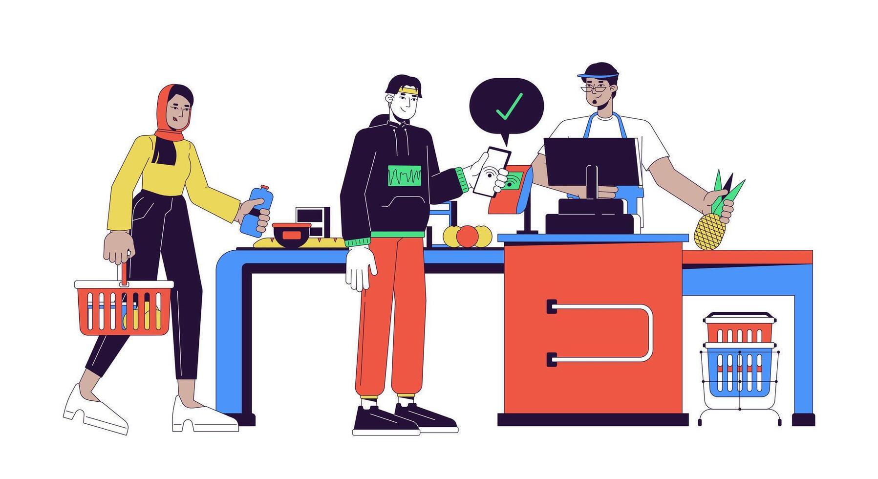 Man NFC contactless paying at checkout 2D linear cartoon characters. Diverse customers cashier isolated line vector people white background. Buying groceries supermarket color flat spot illustration