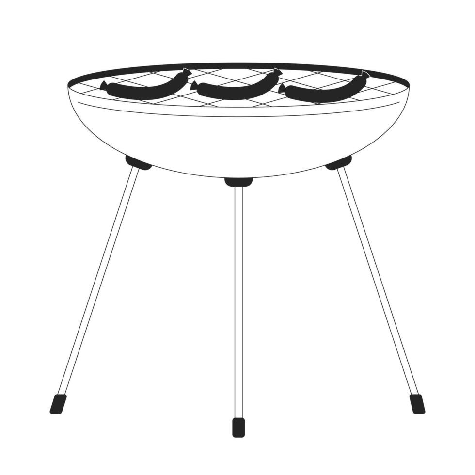 Cooking sausages on brazier black and white 2D line cartoon object. Barbeque food outdoor cooking isolated vector outline item. Tasty picnic snacks preparation monochromatic flat spot illustration