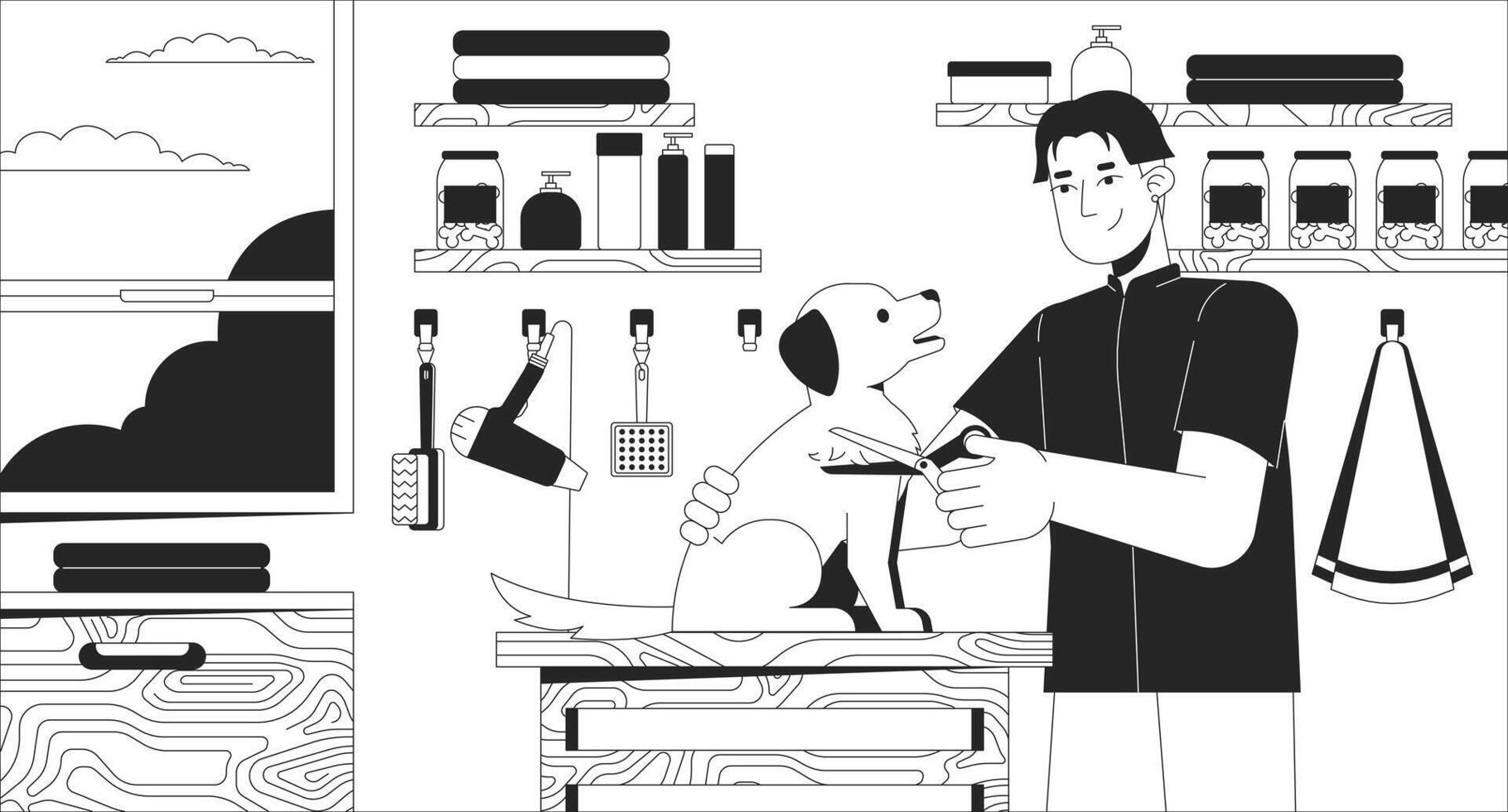 perro aseo Servicio negro y blanco línea ilustración. animal spa. profesional mascota cuidado pequeño negocio 2d caracteres monocromo antecedentes. privado emprendimiento trabajo contorno escena vector imagen