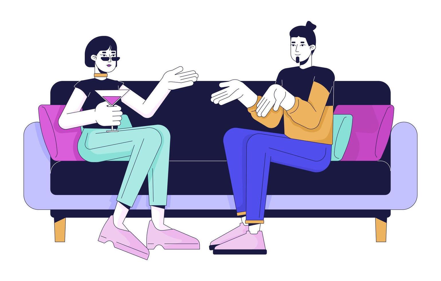 Young couple talking on sofa 2D linear cartoon characters. Man and woman chilling at party isolated line vector people white background. Comfortable communication color flat spot illustration