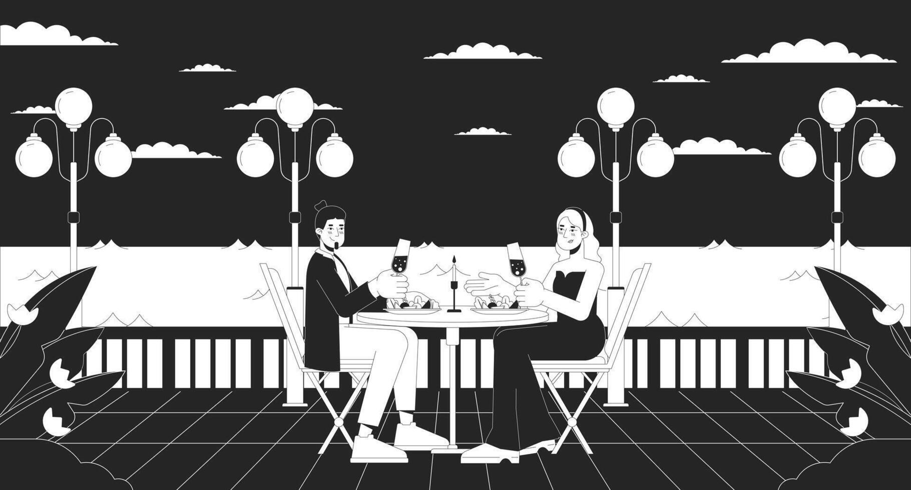romántico restaurante cerca playa monocromo dibujos animados plano ilustración vector