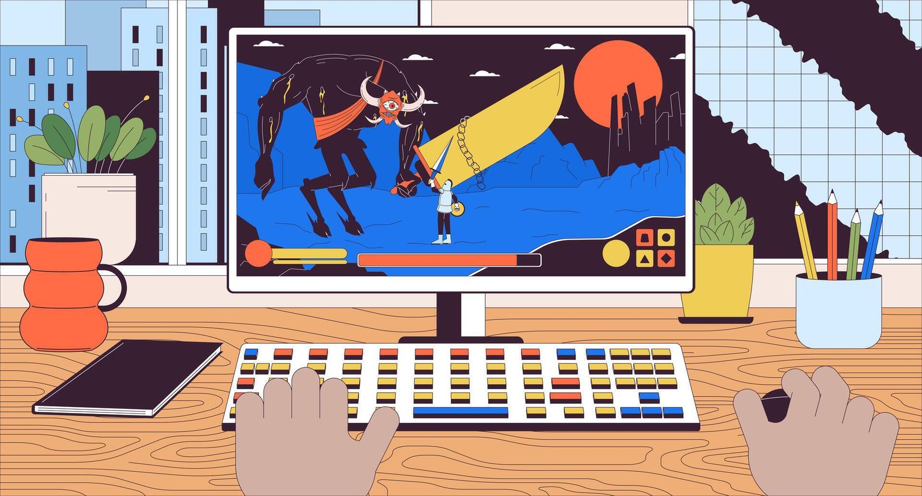 Black user playing computer game 2D linear illustration concept. Gamer defeating boss demon in rpg cartoon scene background. Computer gaming hobby metaphor abstract flat vector outline graphic