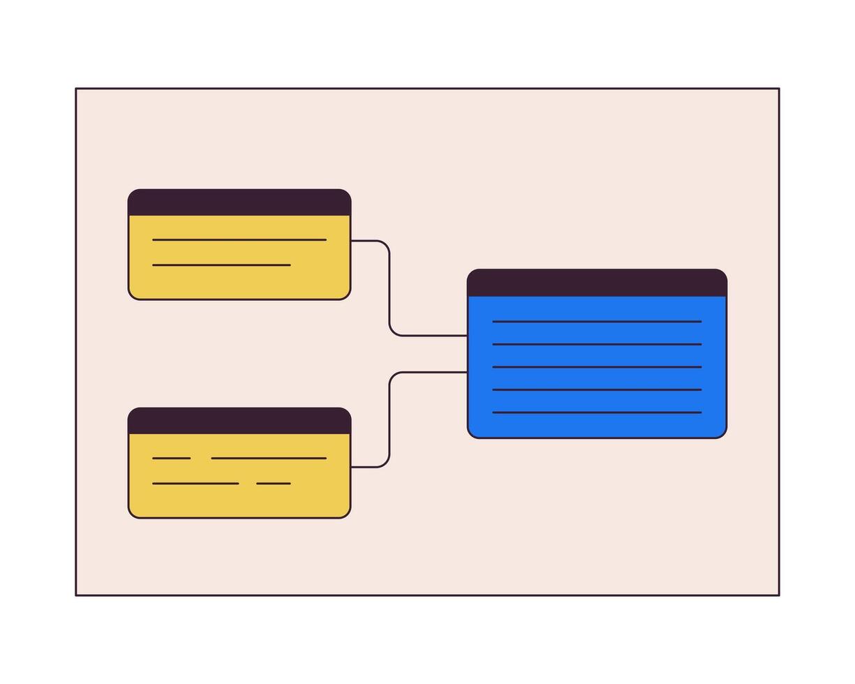 Information blocks scheme 2D linear cartoon object. Website wireframe connection isolated line vector element white background. Software development structure color flat spot illustration