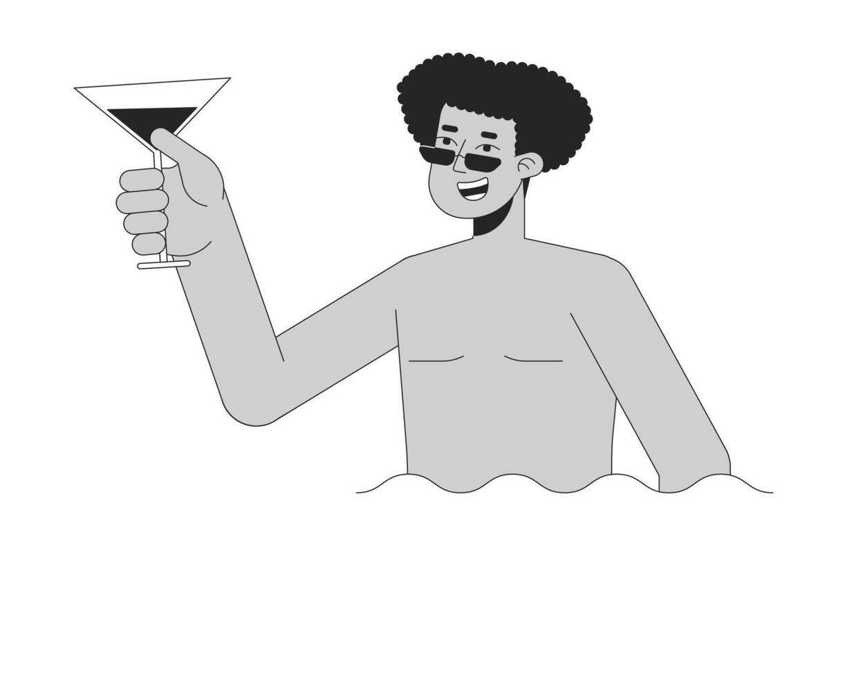 hombre participación cóctel en piscina negro y blanco 2d línea dibujos animados personaje. Hispano masculino con vaso en agua aislado vector contorno persona. junto a la piscina fiesta divertido monocromo plano Mancha ilustración