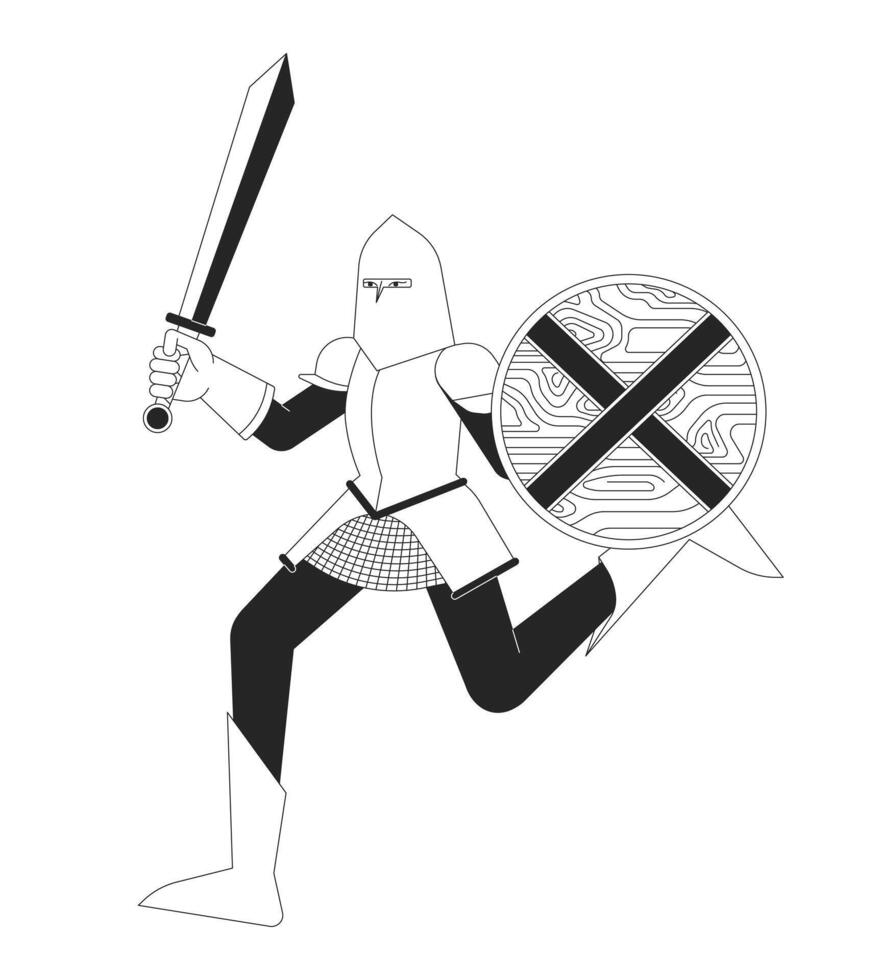 valiente Caballero corriendo con armadura negro y blanco 2d línea dibujos animados personaje. noble medieval guerrero aislado vector contorno persona. histórico reconstrucción club monocromo plano Mancha ilustración