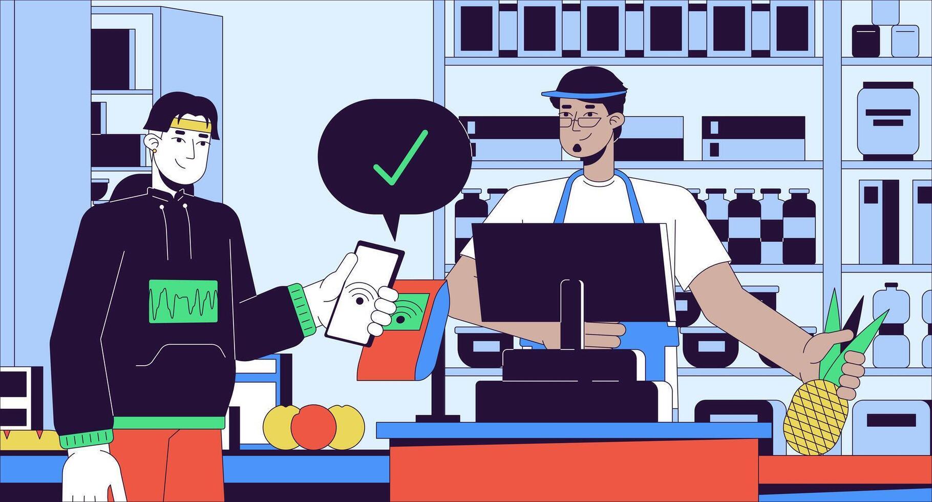 Supermarket checkout wireless cartoon flat illustration. Contactless paying customer with nfc phone 2D line characters colorful background. Cashier assisting client scene vector storytelling image