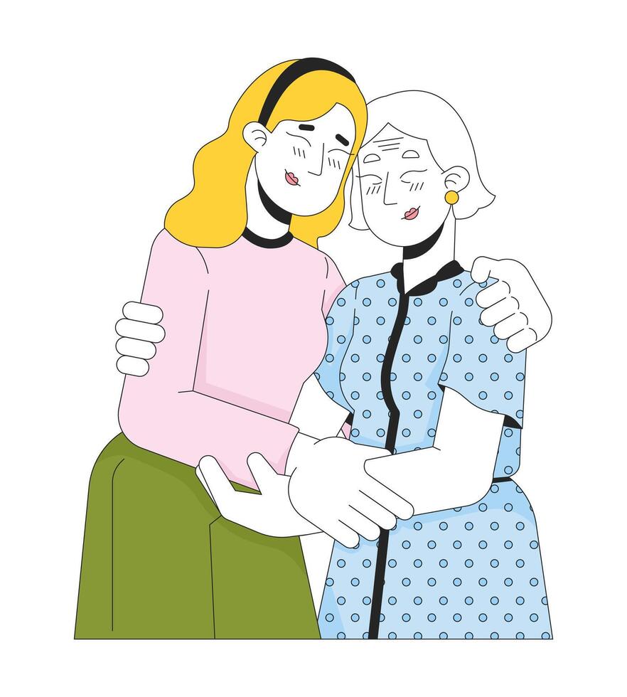 Caucasian elderly mother daughter hugging 2D linear cartoon characters. Grandmother granddaughter isolated line vector people white background. Comforting support color flat spot illustration