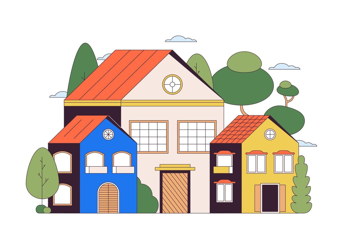 Suburban houses 2D linear cartoon object. Neighborhood residential trees homes isolated line vector element white background. Estate properties. Suburb community color flat spot illustration