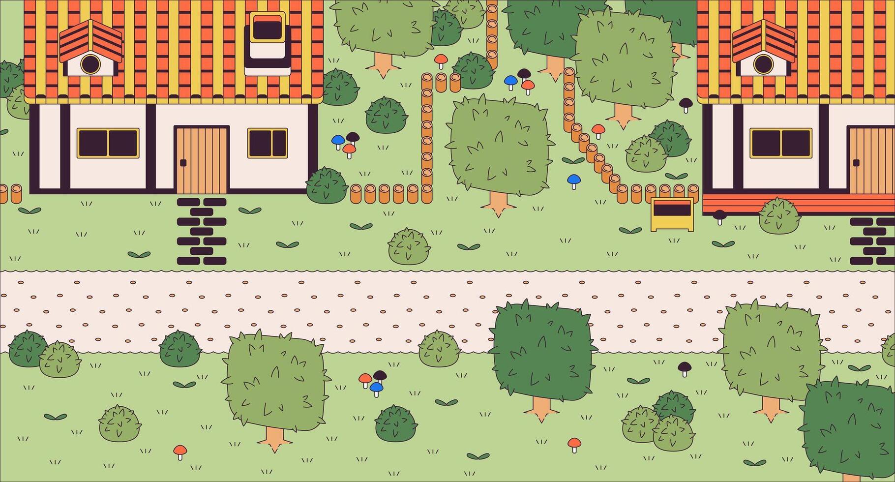 Vintage videogame village cartoon flat illustration. Medieval countryside. Rural houses and road 2D line landscape colorful background. Adventure game development scene vector storytelling image