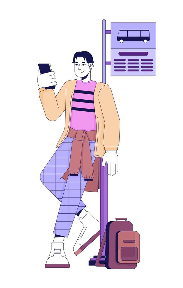 Guy Leaning On Road Sign Bus Stop Linear Cartoon Character vector