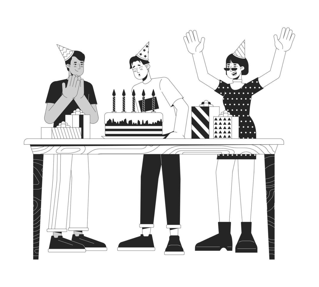 Birthday boy with friends black and white 2D line cartoon characters. Asian man making wish with party guests isolated vector outline people. Holiday celebration monochromatic flat spot illustration