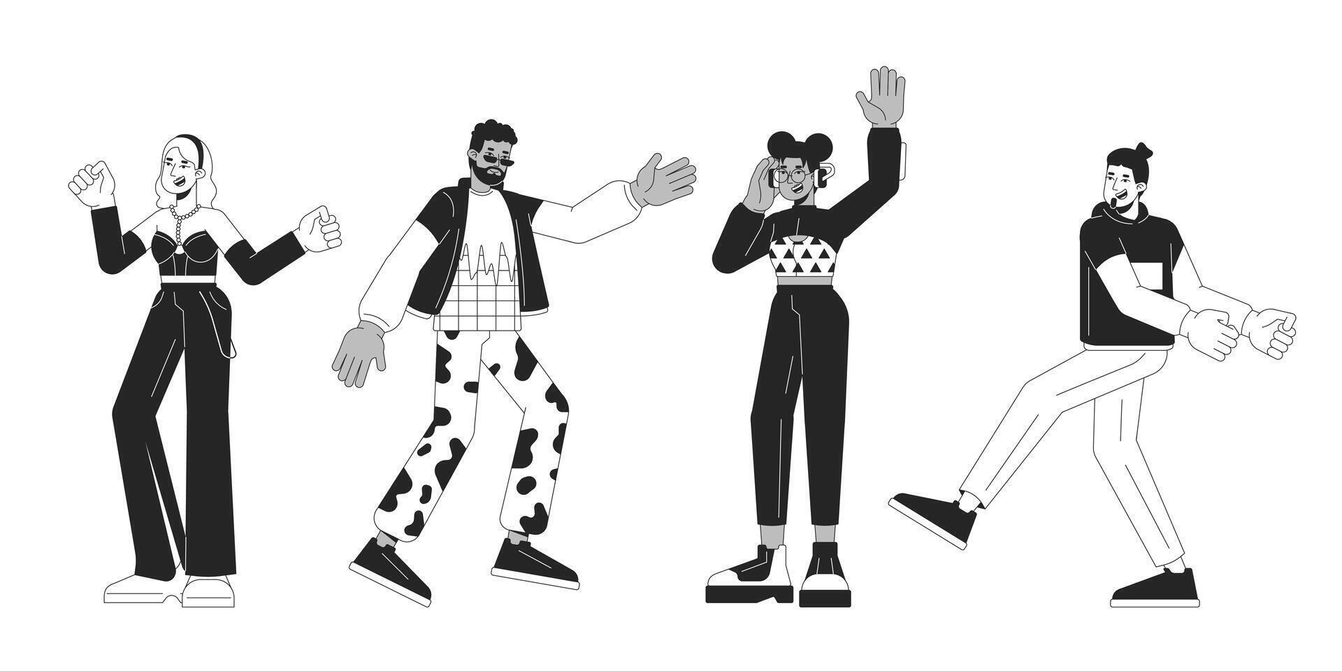 Disco party dancers group black and white 2D line cartoon characters set. Clubbers on dancefloor isolated vector outline people. Nightlife activities monochromatic flat spot illustrations collection