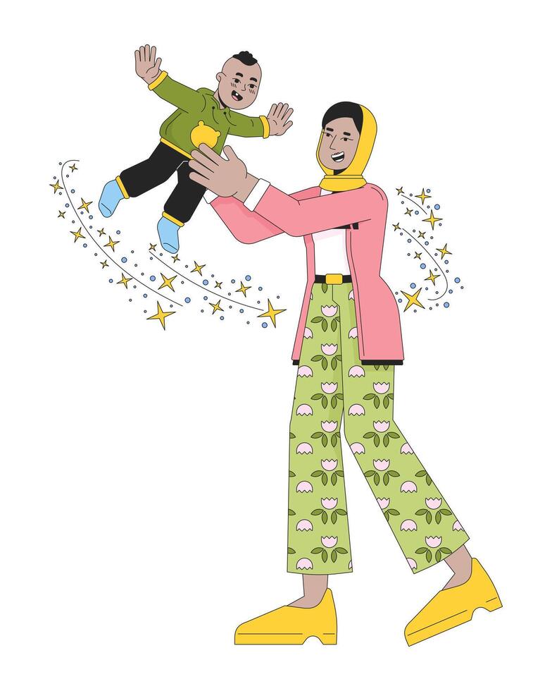Affectionate mother throwing infant in air 2D linear cartoon characters. Muslim hijab mom playing with kid isolated line vector people white background. Smiling parent color flat spot illustration