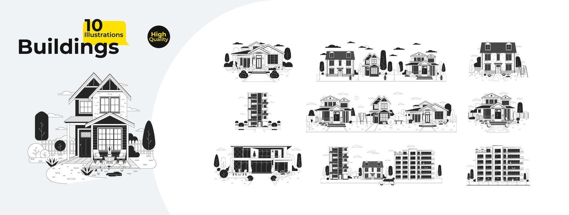 Houses Types Monochrome Cartoon Flat Illustration Bundle vector