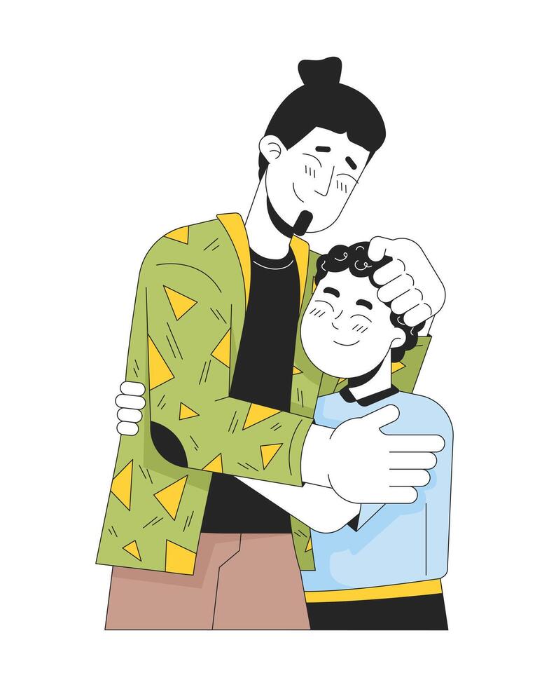 Single father young boy embracing 2D linear cartoon characters. Smiling caucasian dad stroking child head isolated line vector people white background. Comforting support color flat spot illustration