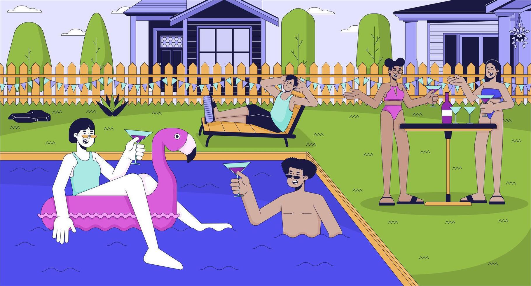 Pool party with friends cartoon flat illustration. Diverse people group chilling at poolside 2D line characters colorful background. Summer amusement event scene vector storytelling image