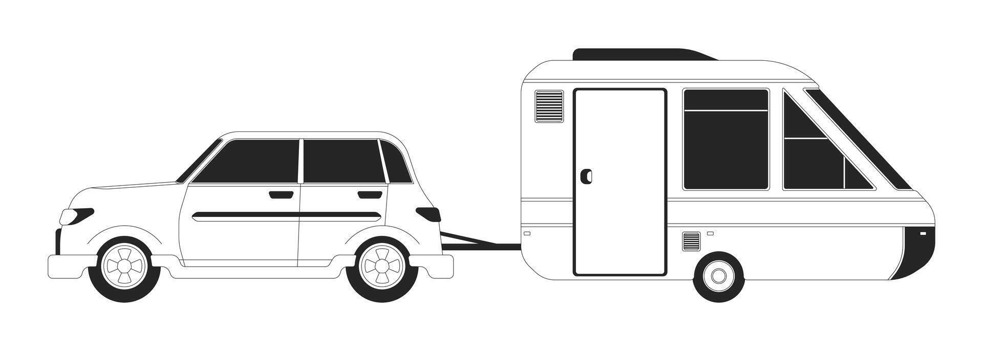 Car pulling trailer black and white 2D line cartoon object. Camping vehicle isolated vector outline item. Adventure transport tow. Driving tiny house on wheels monochromatic flat spot illustration