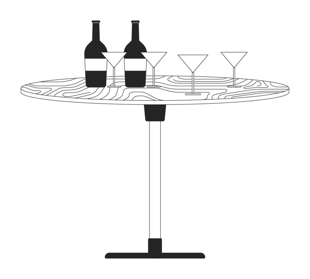 Alcohol drinks on table black and white 2D line cartoon object. Cocktails for guests. Mini bar at festive party isolated vector outline item. Holiday treatment monochromatic flat spot illustration