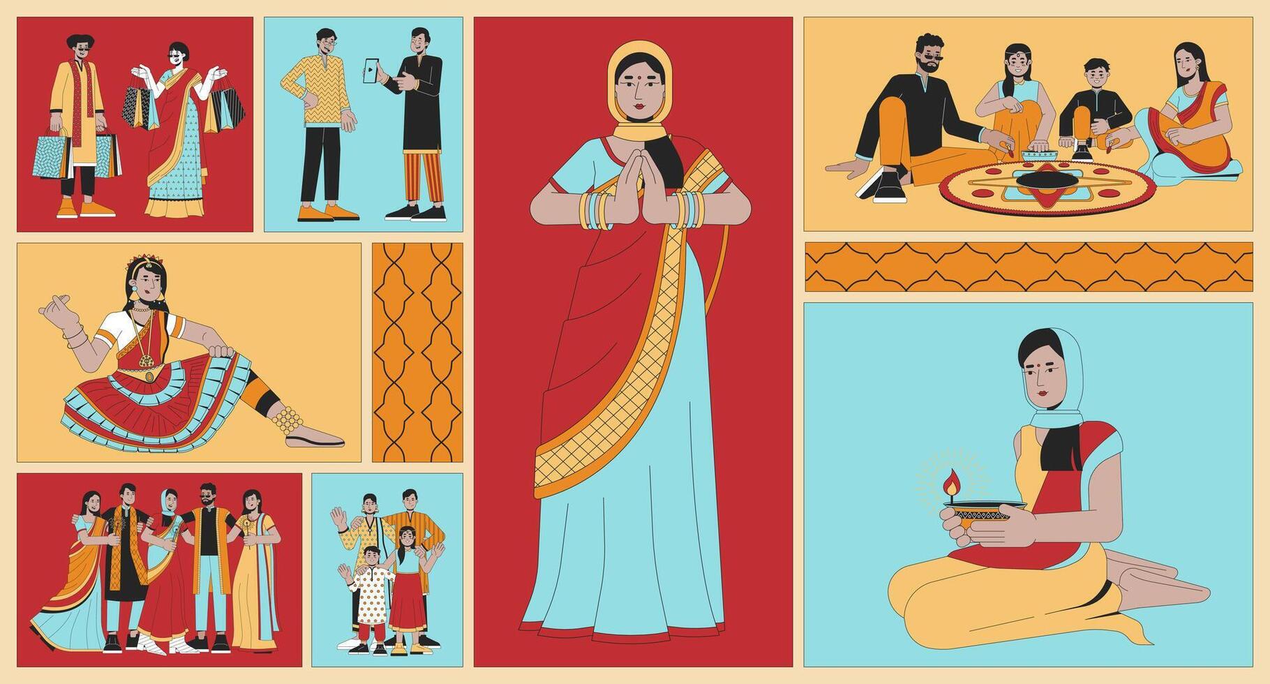 Multicultural Diwali People Bento Grid Illustration Set vector