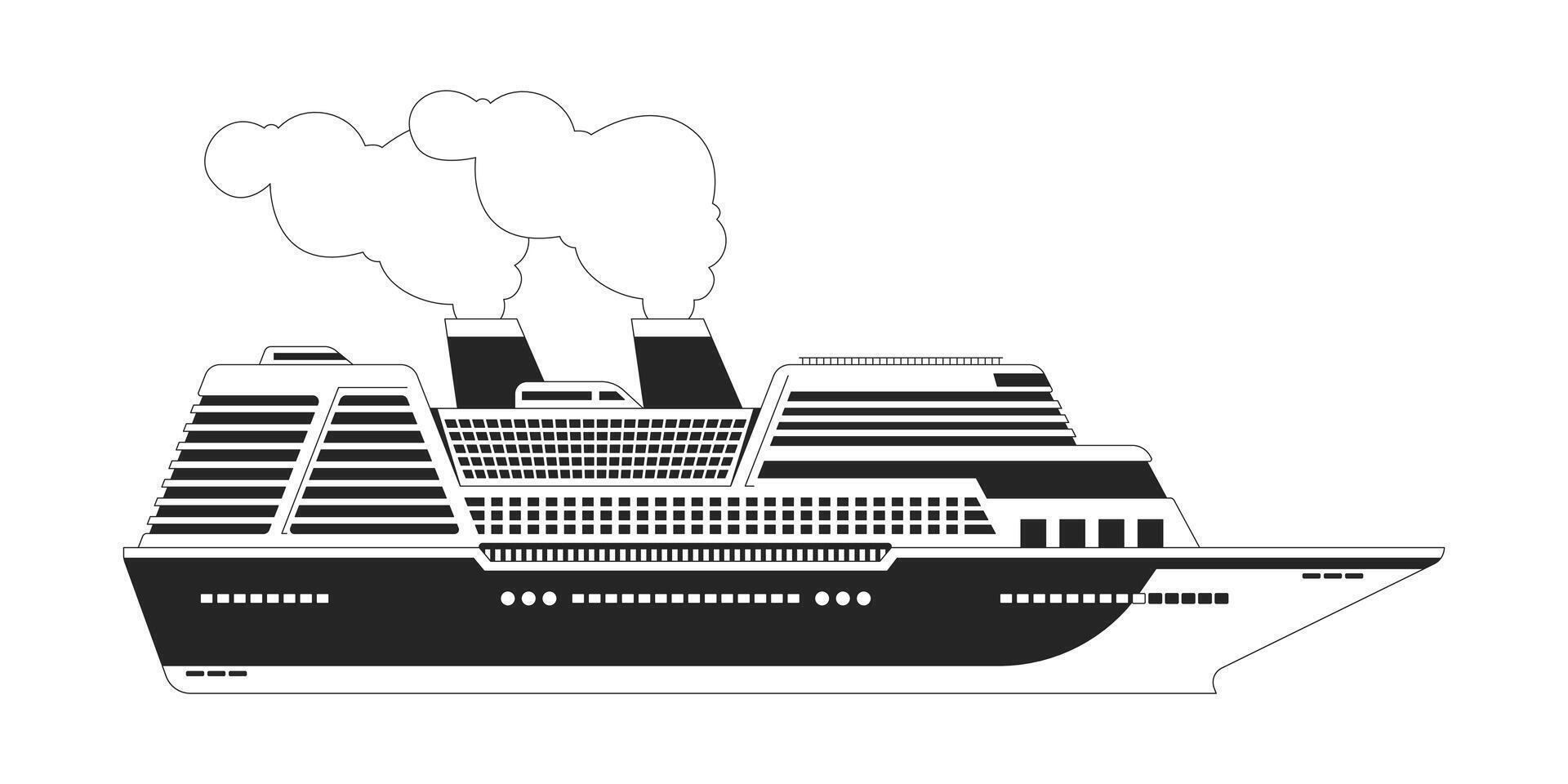 Cruise ship side black and white 2D line cartoon object. Luxury cruise liner boat isolated vector outline item. Marine transport. Ocean vessel. Nautical transport monochromatic flat spot illustration