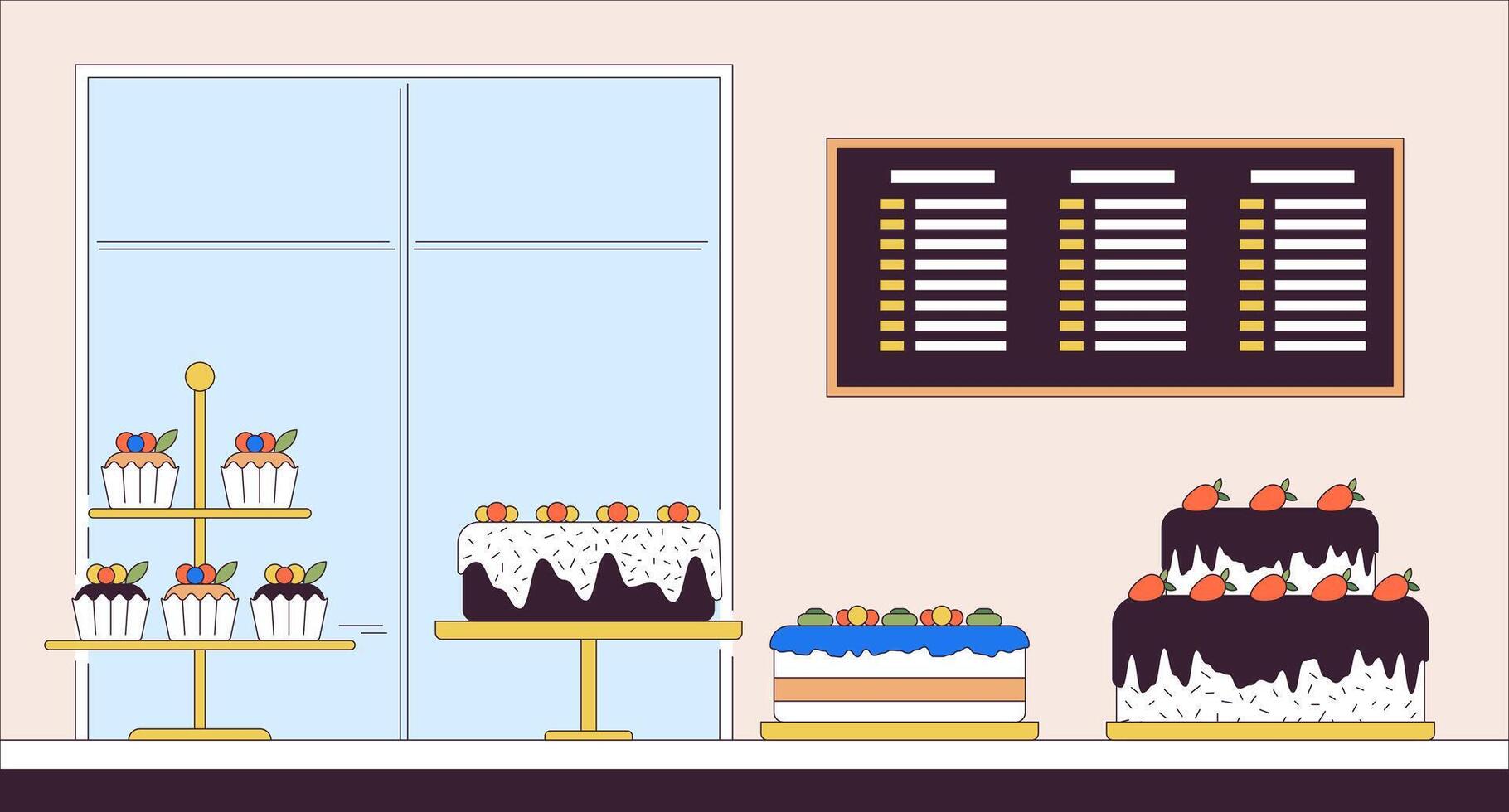 confitería pequeño negocio línea dibujos animados plano ilustración. comprando y comiendo dulces pasteles en panadería tienda monitor 2d arte lineal paisaje antecedentes. hecho a mano postres Tienda escena vector color imagen