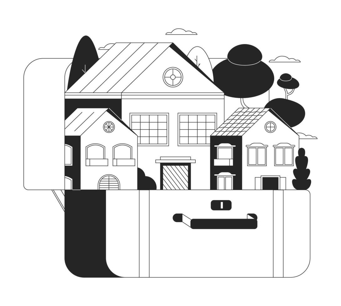 Packing city in suitcase black and white 2D illustration concept. Travel bag houses urban scene cartoon outline object isolated on white. Luggage suburban. Baggage homes metaphor monochrome vector art