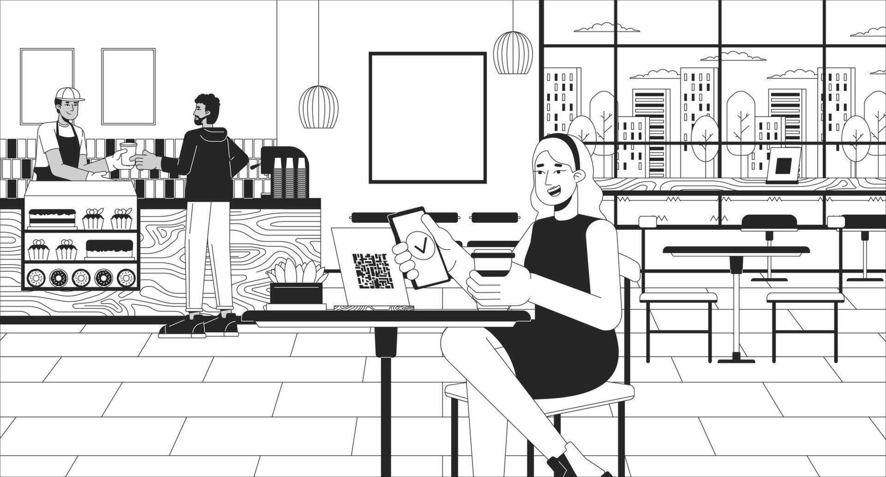 comprobación menú con qr código escanear negro y blanco línea ilustración. diverso clientela café tienda 2d caracteres monocromo antecedentes. caucásico mujer elegir horneado bienes contorno escena vector imagen