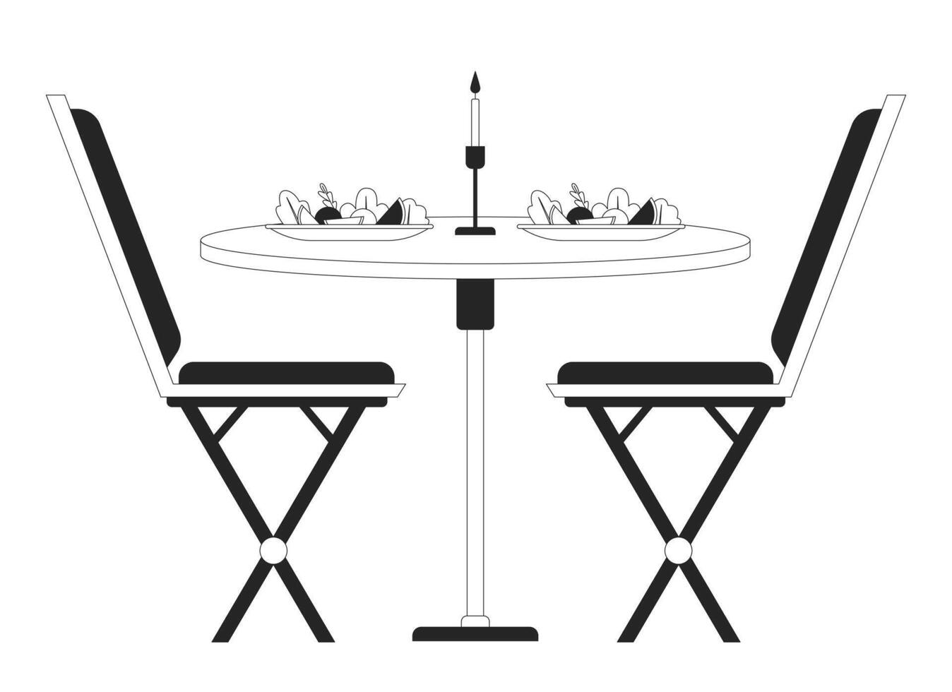 romántico cena mesa sillas negro y blanco 2d línea dibujos animados objeto. restaurante comida platos por luz de una vela aislado vector contorno artículo. fecha noche por vela ligero monocromo plano Mancha ilustración