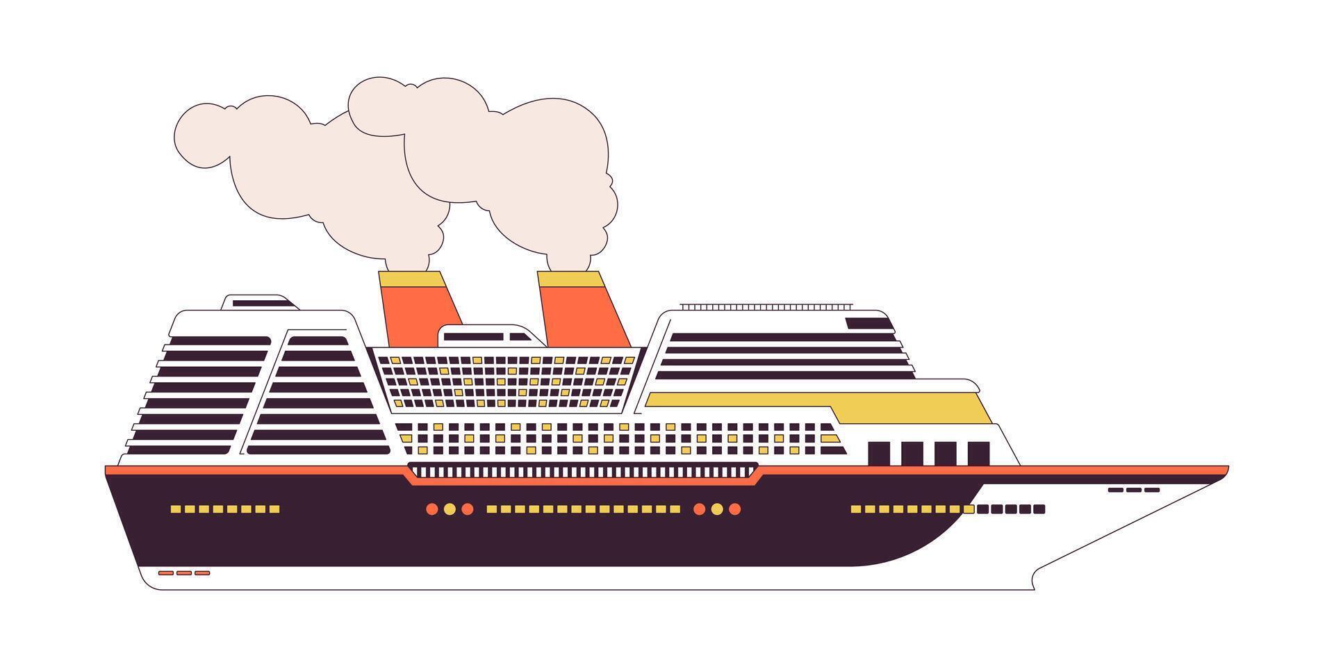 Cruise ship side 2D linear cartoon object. Luxury cruise liner boat isolated line vector element white background. Marine transport. Ocean vessel. Nautical transportation color flat spot illustration