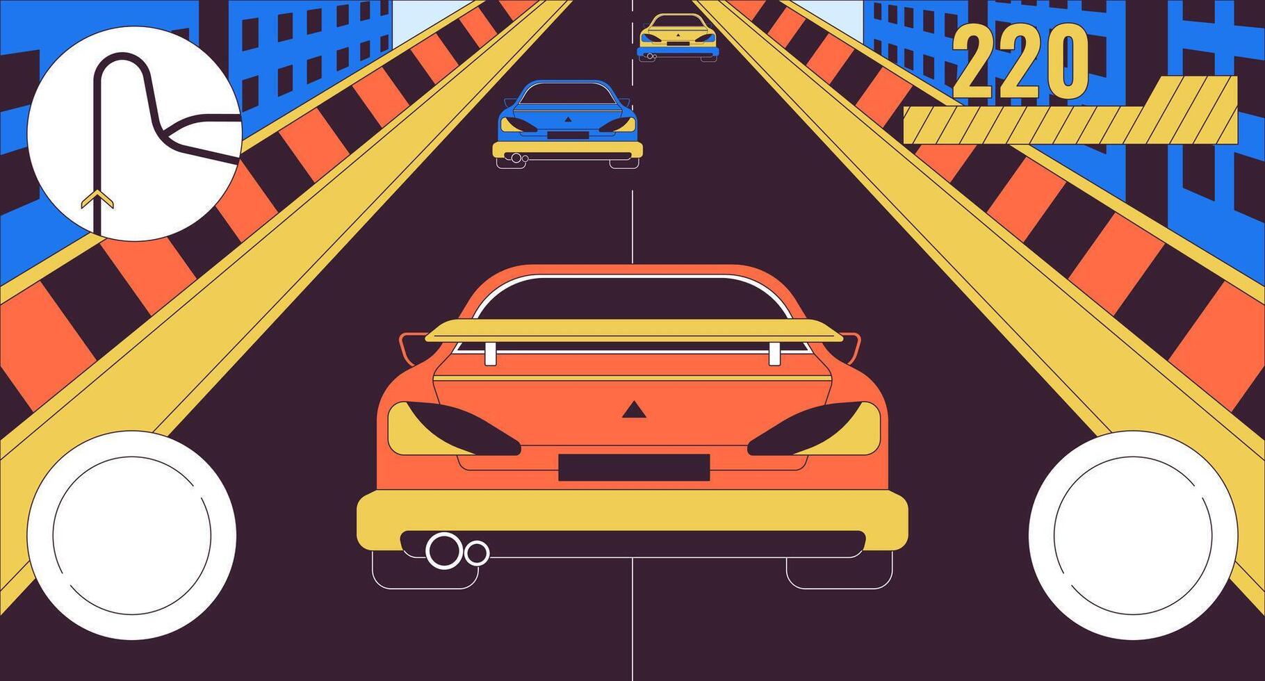 Car racing simulator game 2D linear illustration concept. Videogame controlling interface cartoon scene background. Computer game development metaphor abstract flat vector outline graphic