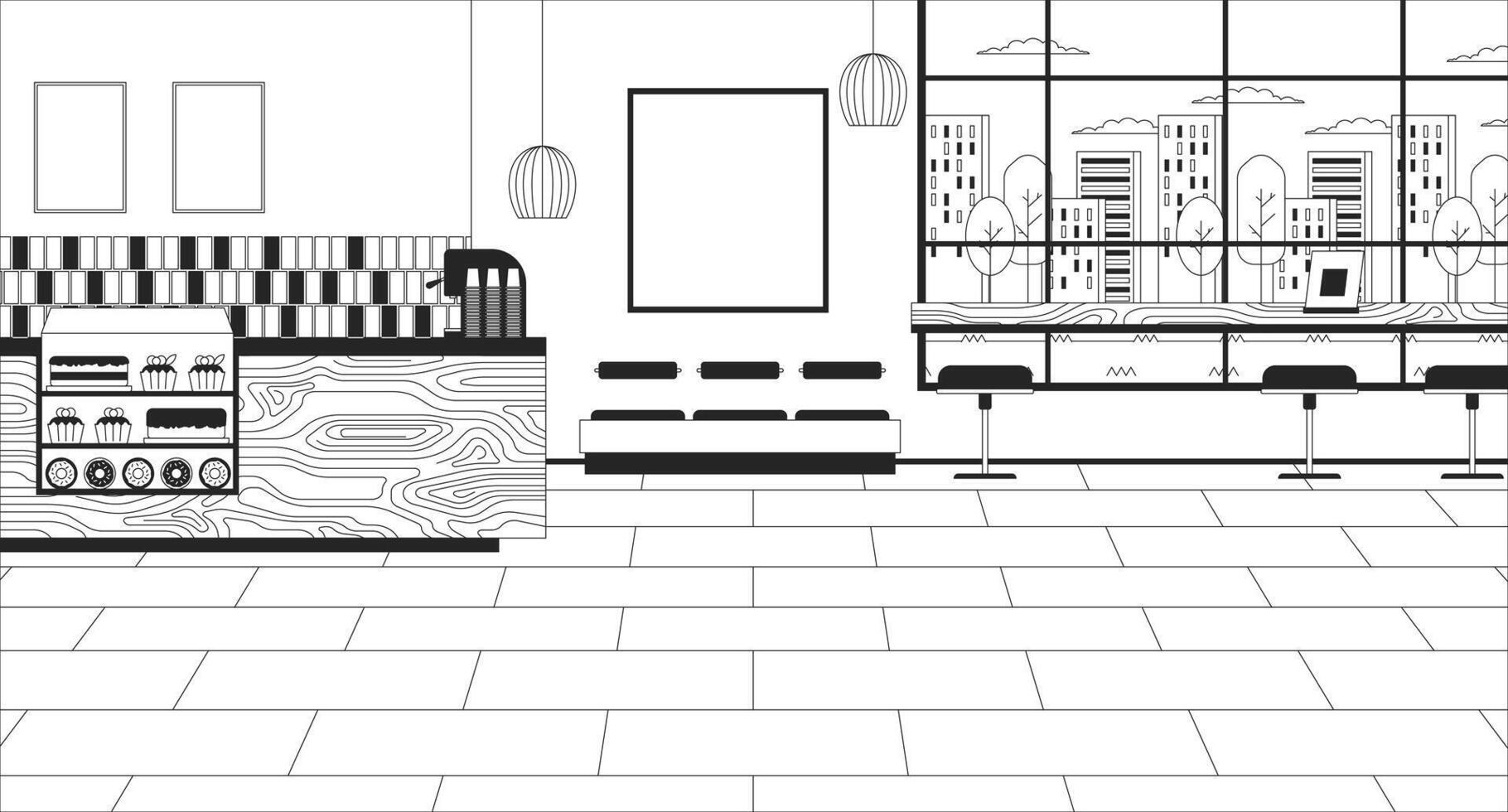 Coffee shop inside black and white line illustration. Cafeteria counter. Coffeeshop indoor 2D interior monochrome background. Diner eatery. Cafe bakery no people outline scene vector image