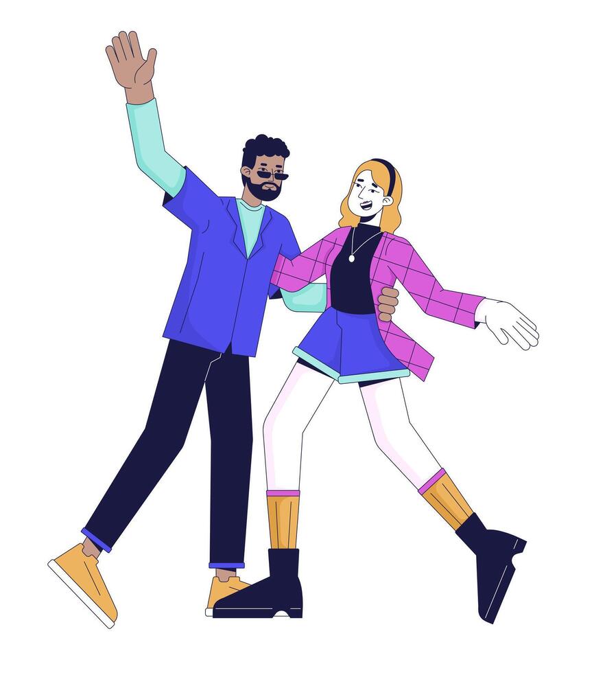 Happy couple dancing 2D linear cartoon characters. Boyfriend and girlfriend having fun at party isolated line vector people white background. Romantic date atmosphere color flat spot illustration